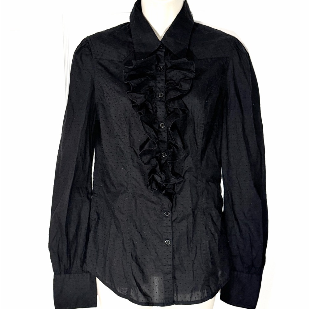 Lucky Brand Black Ruffled Collar Button Down Shirt Small